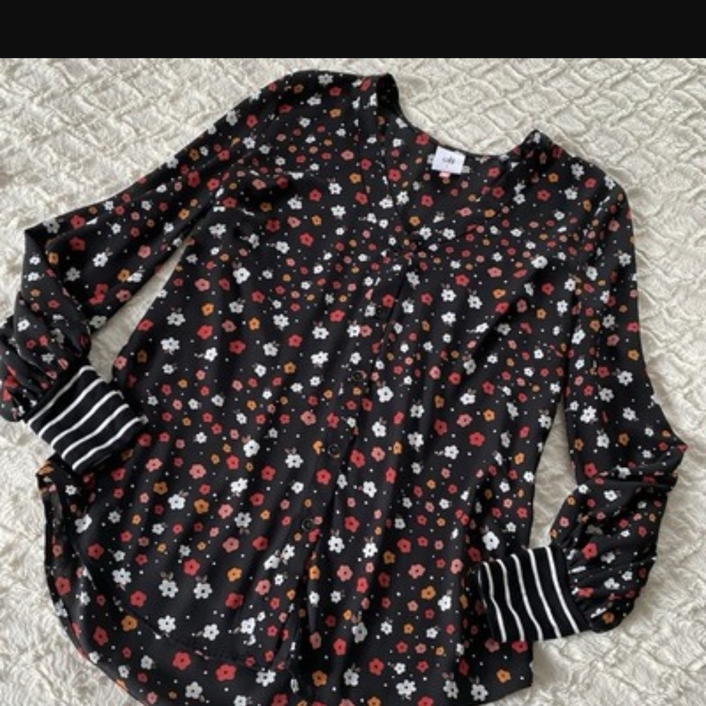 CAbi Black Floral Blouse with Striped Sleeves